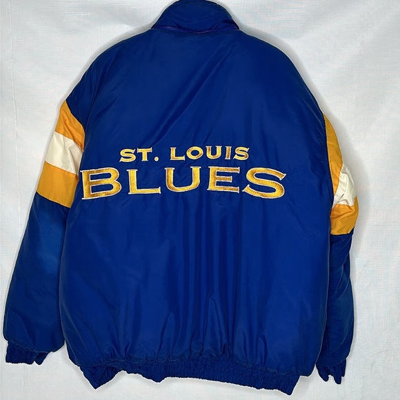 Vtg Royal Blue 1990s St Louis Blues NHL Logo 7 Full Zip Hooded Puffer Jacket XL - Picture 2 of 13